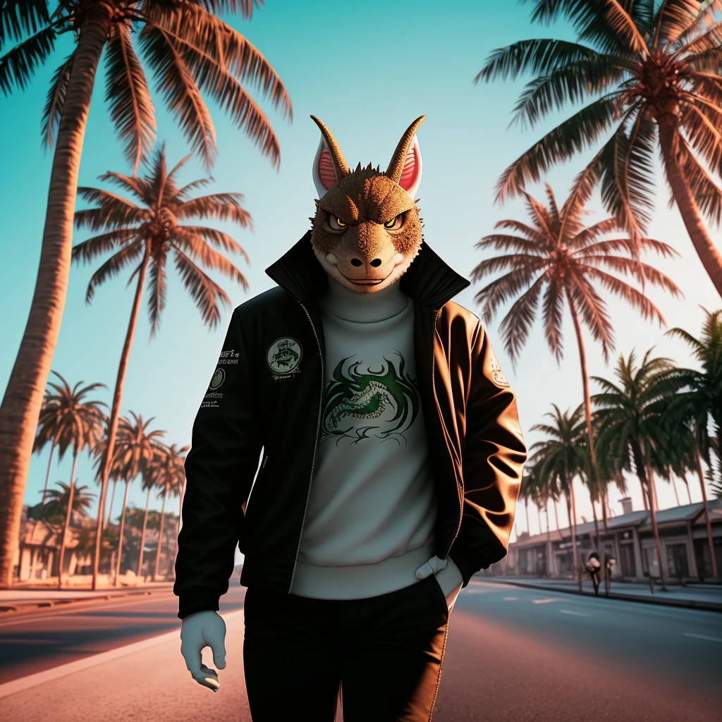 furry, anthro Dragon, round face, small nose in a racing jacket walking down a palm tree lined street, synthwave style,(portrait side profile) looking away, serious eyes, 50mm portrait photography,
