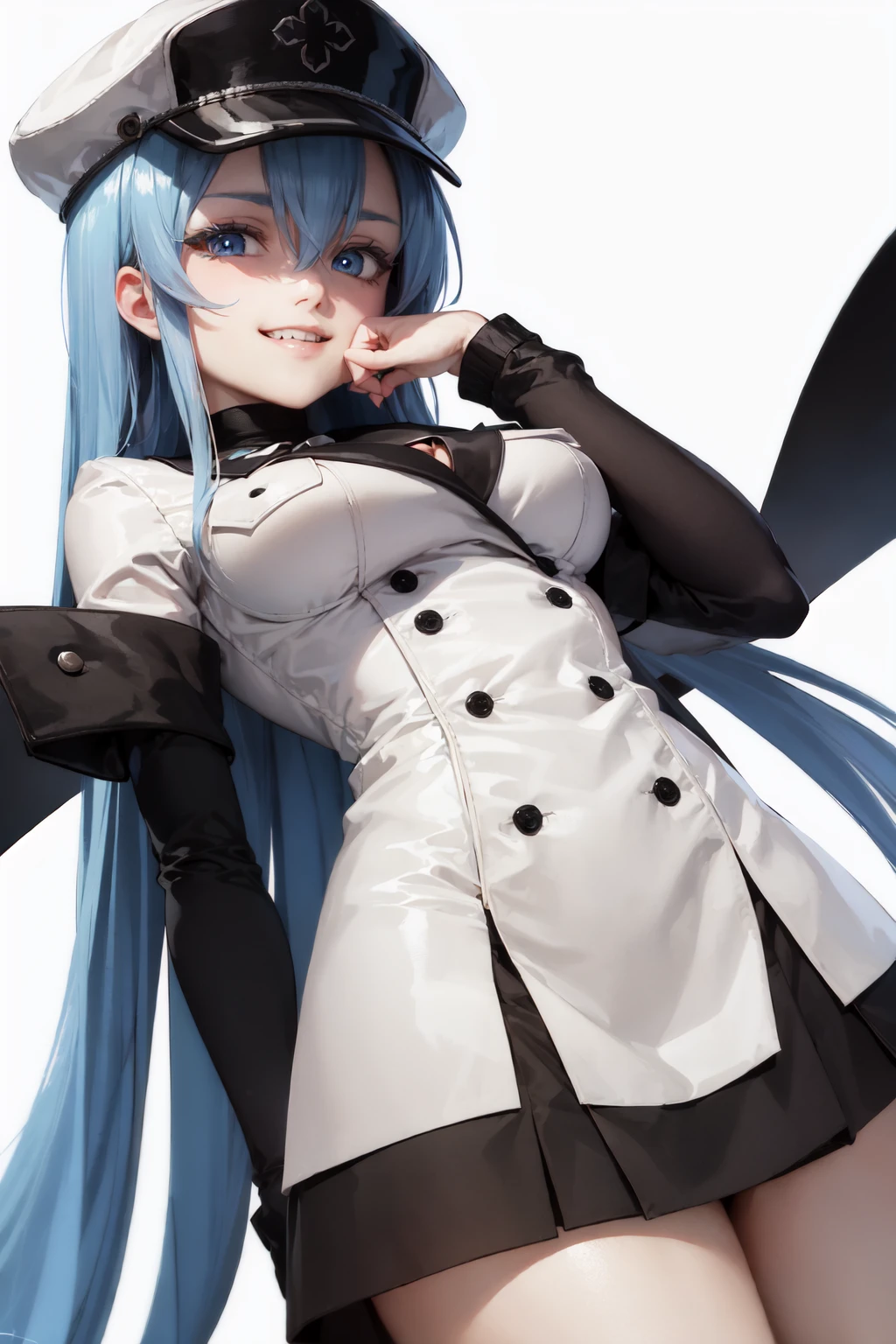 (masterpiece, best quality:1.2), <lora:agk_esdeath-10:0.8>, from below, solo, 1girl, esdeath, evil grin, looking at viewer, hand on own face, white peaked cap, white military uniform, white background