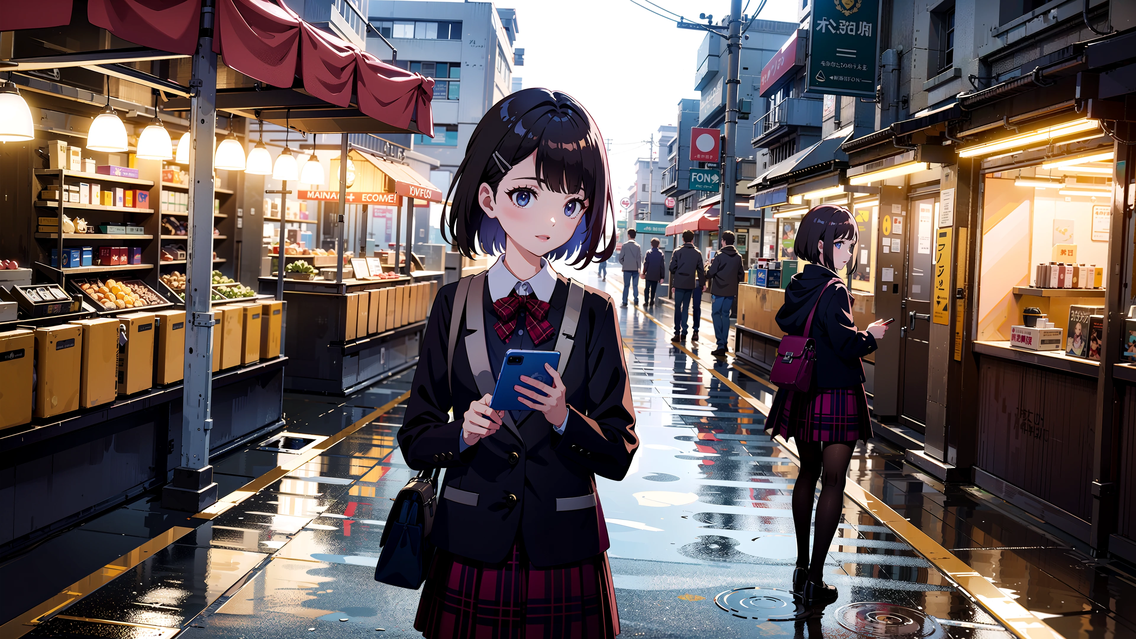 masterpiece, best quality,
1girl, cellphone, depth of field, holding, holding phone, long sleeves, phone, plaid, skirt,
sky, street