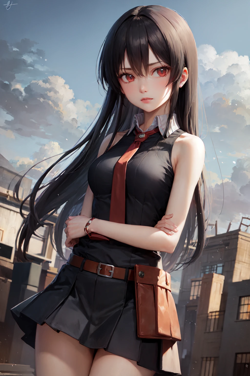 (masterpiece, best quality:1.2), <lora:agk_akame-10:0.8>, cowboy shot, solo, 1girl, akame \(akame ga kill!\), serious, looking at viewer, black collared shirt, red necktie, sleeveless, skirt