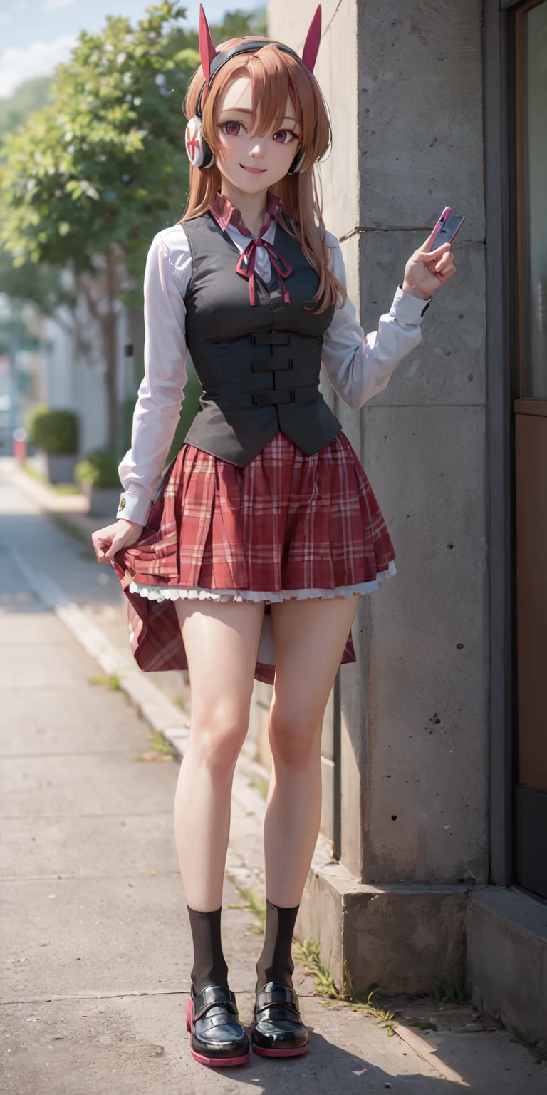 (masterpiece, best quality:1.2), <lora:agk_chelsea-10:0.8>, full body, solo, 1girl, chelsea \(akame ga kill!\), smile, looking at viewer, standing, headphones, black vest, white shirt, neck ribbon, long sleeves, plaid skirt
