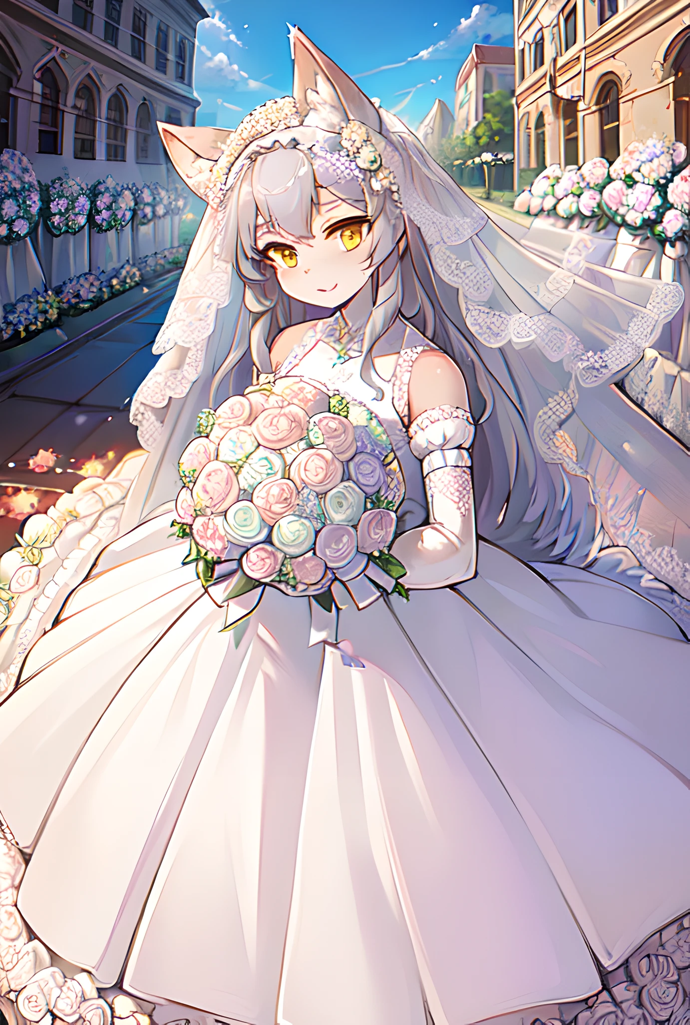 (,character_focus:1.1),masterpiece, high quality, absurd res, digital painting \(artwork\),(Humanity,girl,Wolf ears,gray hair, fluffy tail:1.2),(gray blue hair:0.8),long hair,yellow eyes, bright eyes,panorama,solo,character focus.detailed background,(bride, wedding dress, bouquet,:1.3)