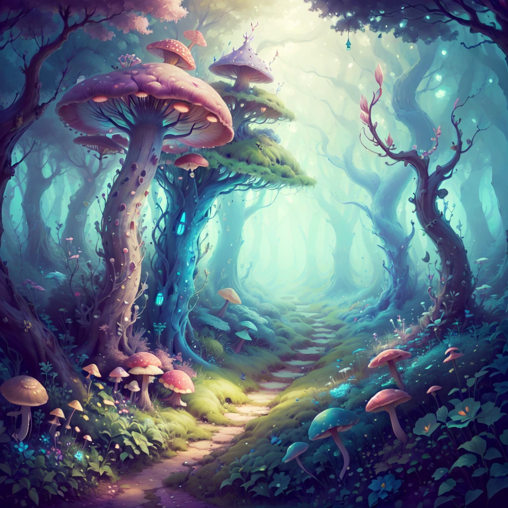 <lora:FairTaleAI:.75> FairyTaleAI mushroom forest ,