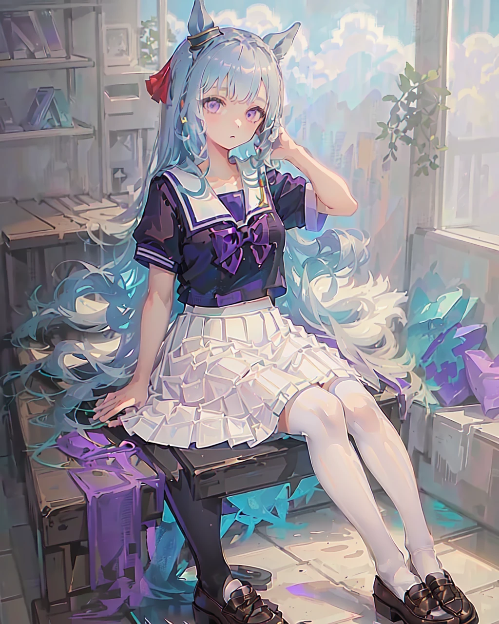SFW, indoors,school
mejiro_ardan_UN, 1girl, (solo), horse_ear, horse_tail, full body, large breasts, curvy,
(long hair:1.3),(blue_hair:1.2), purple_eyes, hair_ornament, (purple_serafuku:1.2), (purple_bowtie:1.2), (summer uniform:1.1) ,(puffy_short_sleeves:1.1), (white_plated_skirt:1.3),(white_stockings), brown_shoes
