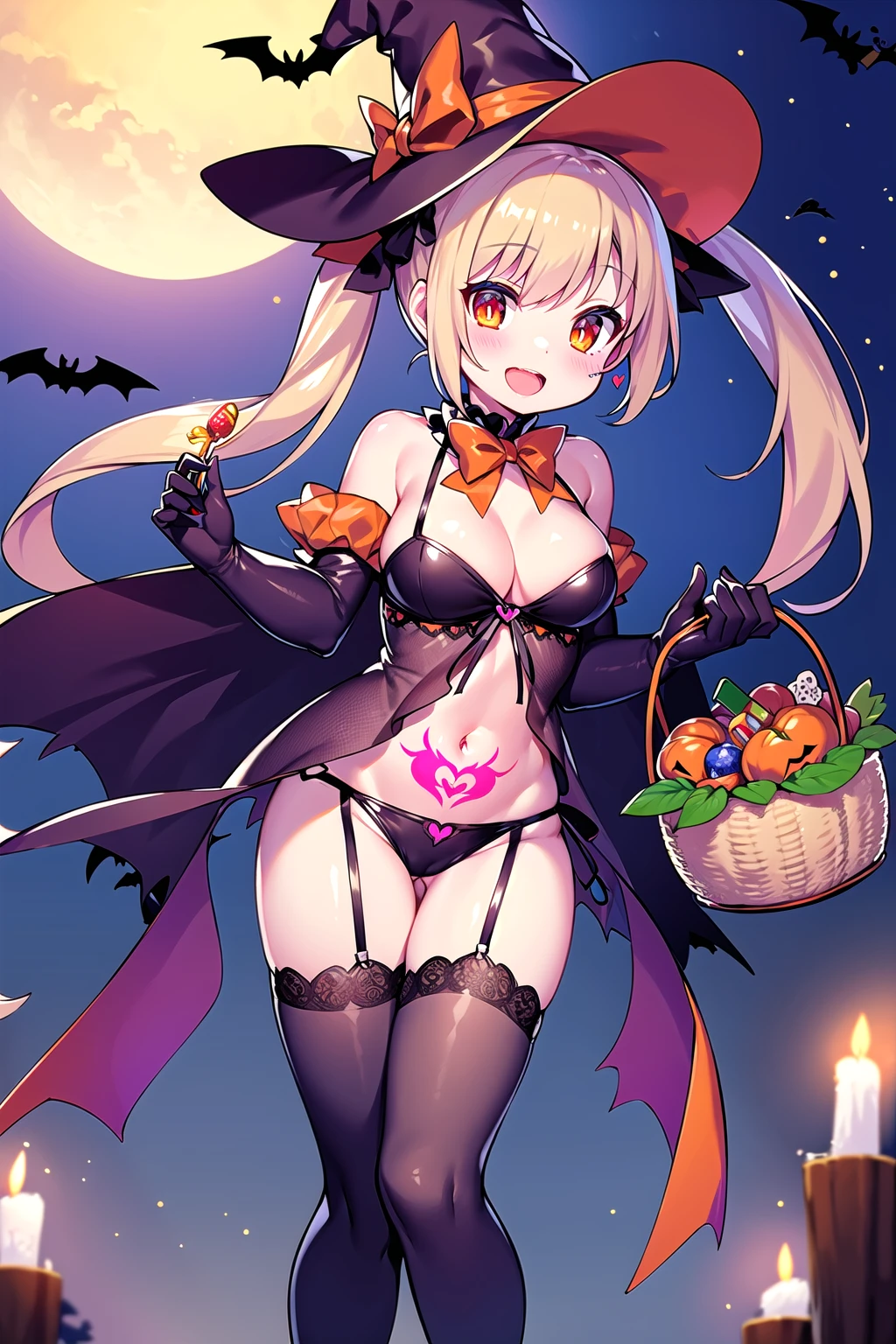 bat, candy, halloween, halloween_bucket, halloween_costume, happy_halloween, jack-o'-lantern, pumpkin, pumpkin_hair_ornament, pumpkin_hat, tattoo, trick_or_treat, witch_hat, body_writing, pubic_tattoo, tombstone, garter_straps,pasties, thighhighs, silk, ghost_costume, lollipop, spider_web, 1girl, vampire_costume, bat_hair_ornament, basketball, food-themed_hair_ornament, graveyard, long_hair, orange_ribbon, heart_tattoo, holding_vegetable, broom, candy_cane, orange_choker, bat_wings, basket, breasts, solo, candle, food, orange_bow, open_mouth, bat_print, castle, orange_panties, black_legwear,vegetable, bow, shoulder_tattoo, orange_nails, gloves, twintails, spider_web_print, blonde_hair, very_long_hair, lantern, grave, charmander, orange_legwear, navel, bare_tree, smile, orange_bowtie, elbow_gloves, cookie, full_moon, cape, mini_witch_hat, bridal_gauntlets