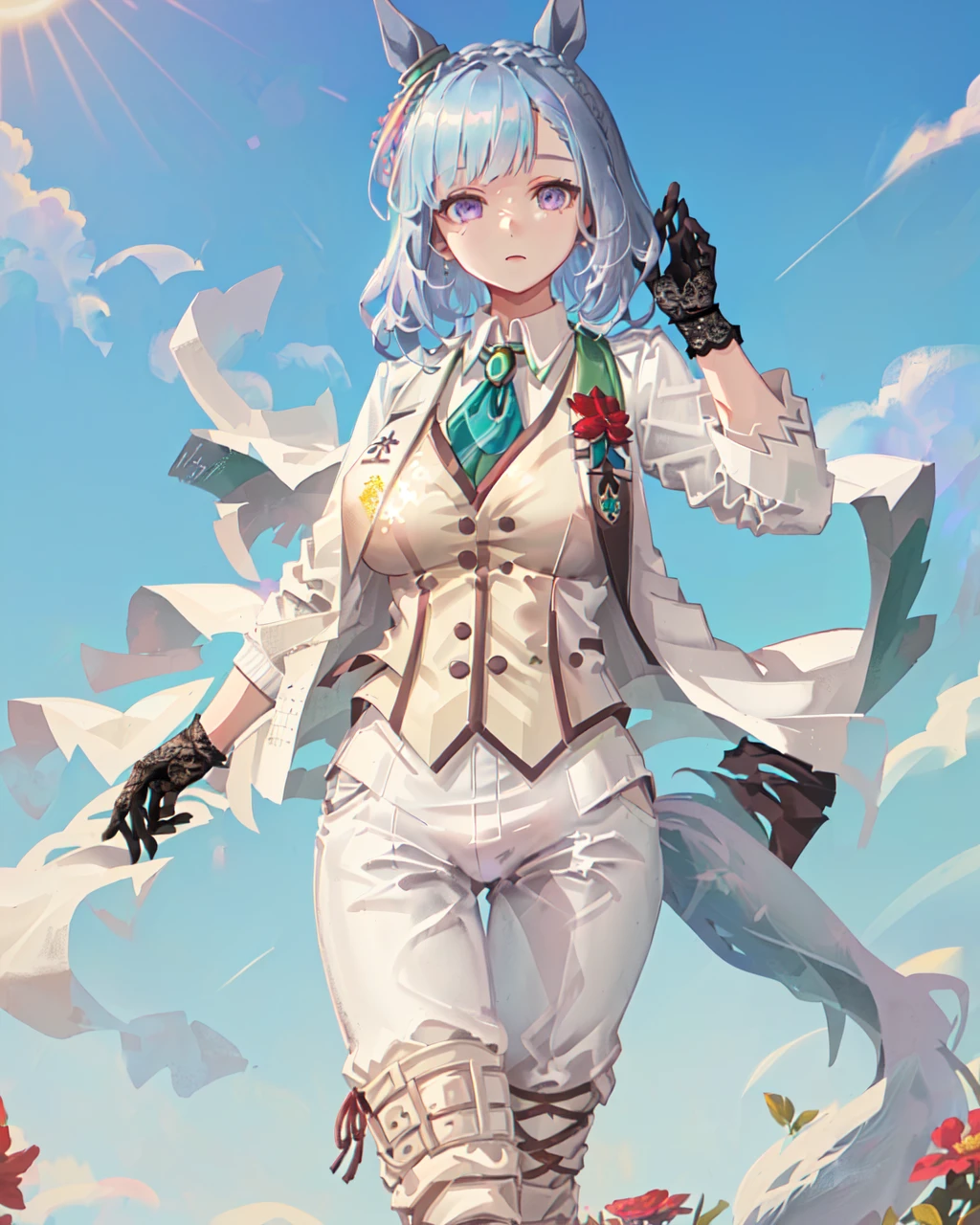 SFW, sunlight, (grassland), (spring),
mejiro_ardan_NE, 1girl, (solo), horse_ear, horse_tail, (large breasts:1.2), (curvy:1.2),
(short_light_blue_hair), purple_eyes, (black_lace_hair_ornament:1.2),big_green_jewelry_on_the_neck, green_tie, (red_flower_brooch), black_lace_gloves, (white_jacket:1.7), (white_long_pants), (white_vest:1.7), (white_lace_up_thigh_boots:1.2)