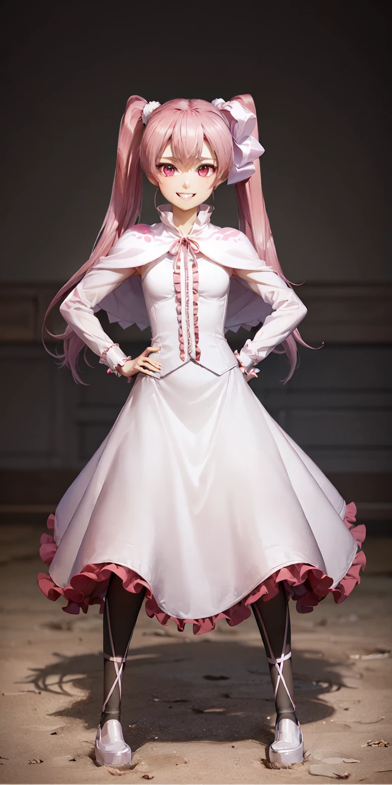 (masterpiece, best quality:1.2), <lora:agk_mine-10:0.8>, full body, solo, 1girl, mine \(akame ga kill!\), grin, looking at viewer, hand on hip, twintails, dress, ribbon, capelet, black pantyhose