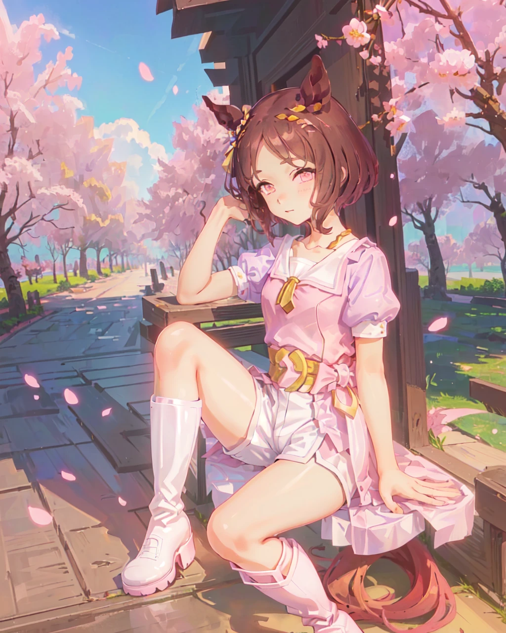 SFW, sunlight, cherry blossoms, sakura_pedals, (spring), 
sakura_laurel_SF, 1girl about 17 years old, (solo), horse_ear, horse_tail, (medium breasts), full body,
(short_brown_hair), sakura_shaped_pupils, purple_eyes,  (pink_braid_neckerchief), (pink_dress:1.2), (white_shorts:1.2), puffy_short_sleeves, (white knee high boots:1.3), (one leg wears black thighhigh:1.1)