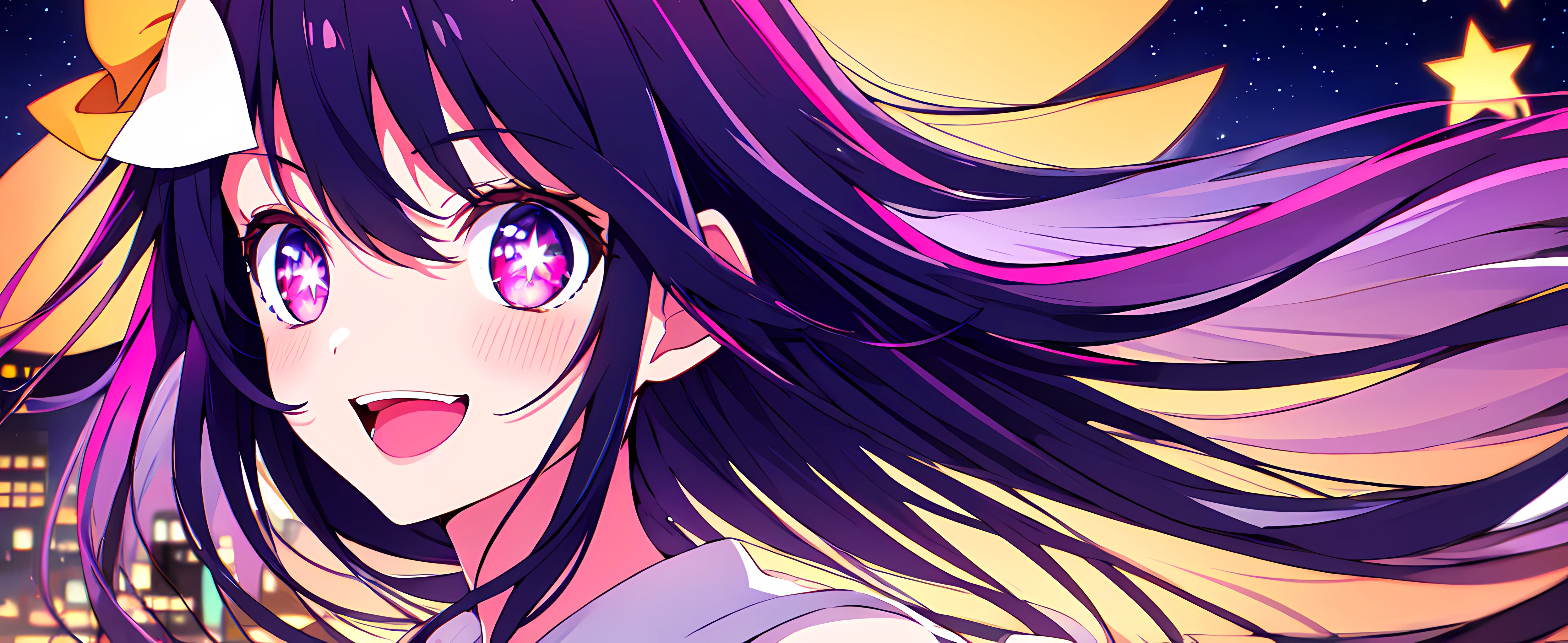 <lora:ai_hoshino_v2.5-very-hard:0.5>, ai hoshino, long hair, blush, bangs, purple eyes, hair ornament, bow, parted lips, black hair, ahoge, hair bow, multiple pink bows,, ((masterpiece, best quality)), full body, starry eyes
BREAK
Yellow streaks
BREAK
(cinematic light:1.1),best quality,masterpiece,
an extremely delicate and beautiful, extremely
detailed, finely detailed, detailed face, detailed
eyes, beautiful detailed eyes, (soft focus:1.2), ((upper body, from front,), an extremely delicate and beautiful), BREAK
High contrast, looking at viewer, floating hair, starry, strry light, night,colorful, cloud, white, blue, red, yellow,green,
blue,purple,orange,,starry, sky,colorful,halftone ,light_particles, (extremely detailed CG unity 8k wallpaper, masterpiece, best quality, ultra-detailed, best shadow), BREAK
1girl solo, outdoors, flashlight, river, clear sky, sunset, cloud, cityscape, lights from citys, buildings,skyscrapers, (smile:1.1), open mouth