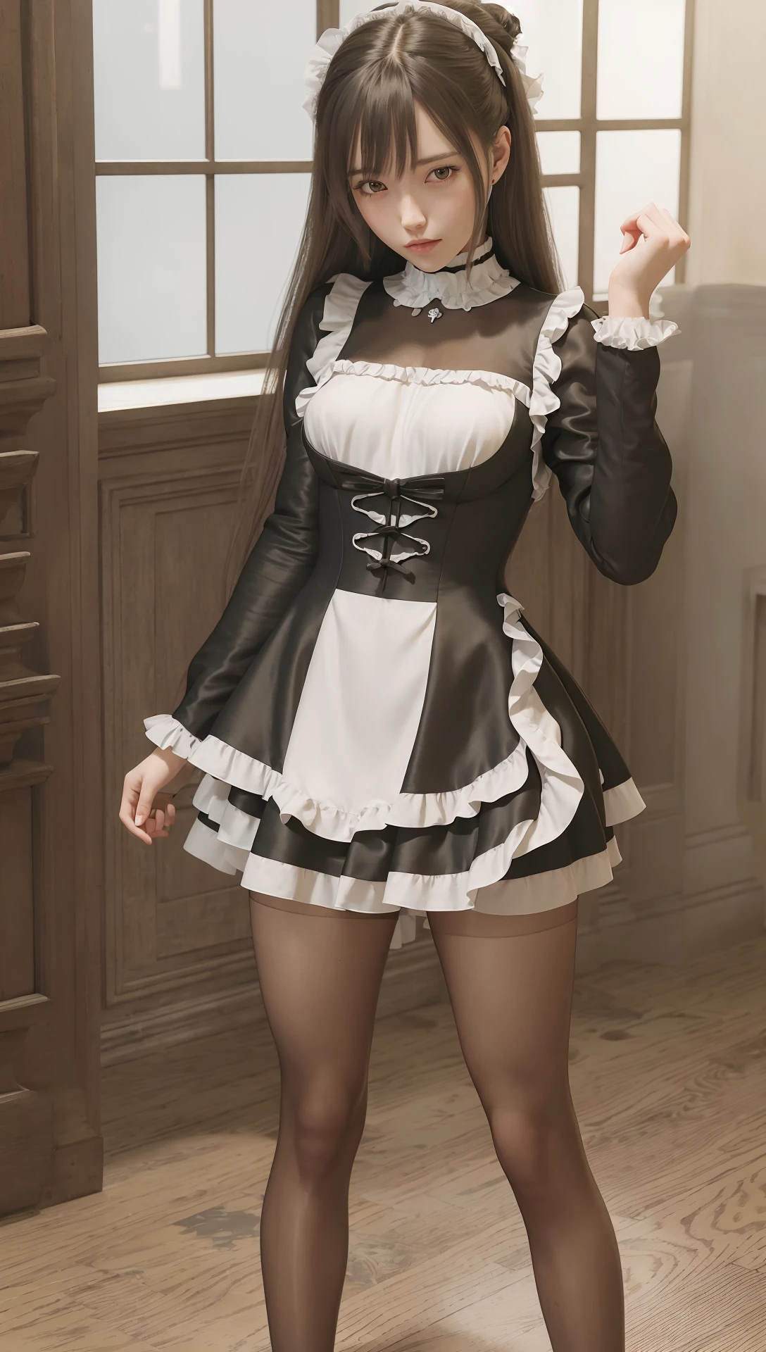 <lora:lou:1>,best quality ,masterpiece,1girl,3d , realistic,CG ,unity ,8k wallpaper,long_hair, maid,pantyhose,shoes, solo, standing