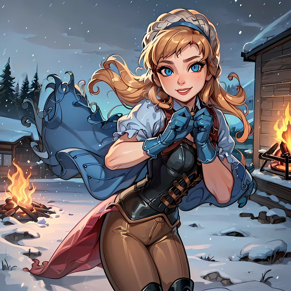 (AnnaWaifu:1), smile, cute, cute pose, looking at viewer, thick thighs, (gloves, dress, boots, corset:1.2),
(realistic:1.2), (realism), (masterpiece:1.2), (best quality), (ultra detailed), (8k, 4k, intricate),(full-body-shot:1),(Cowboy-shot:1.2), (85mm),light particles, lighting, (highly detailed:1.2),(detailed face:1.2), (gradients), nsfw, colorful,(detailed eyes:1.2),
(detailed ladscape, snow, wooden house, campfire, threes:1.2),(detailed background),detailed landscape, (dynamic angle:1.2), (dynamic pose:1.2), (rule of third_composition:1.3), (Line of action:1.2), wide shot, daylight, solo,
<lora:Anna_character-20:0.6> <lora:reiqStyleLORA_v2:0.6>