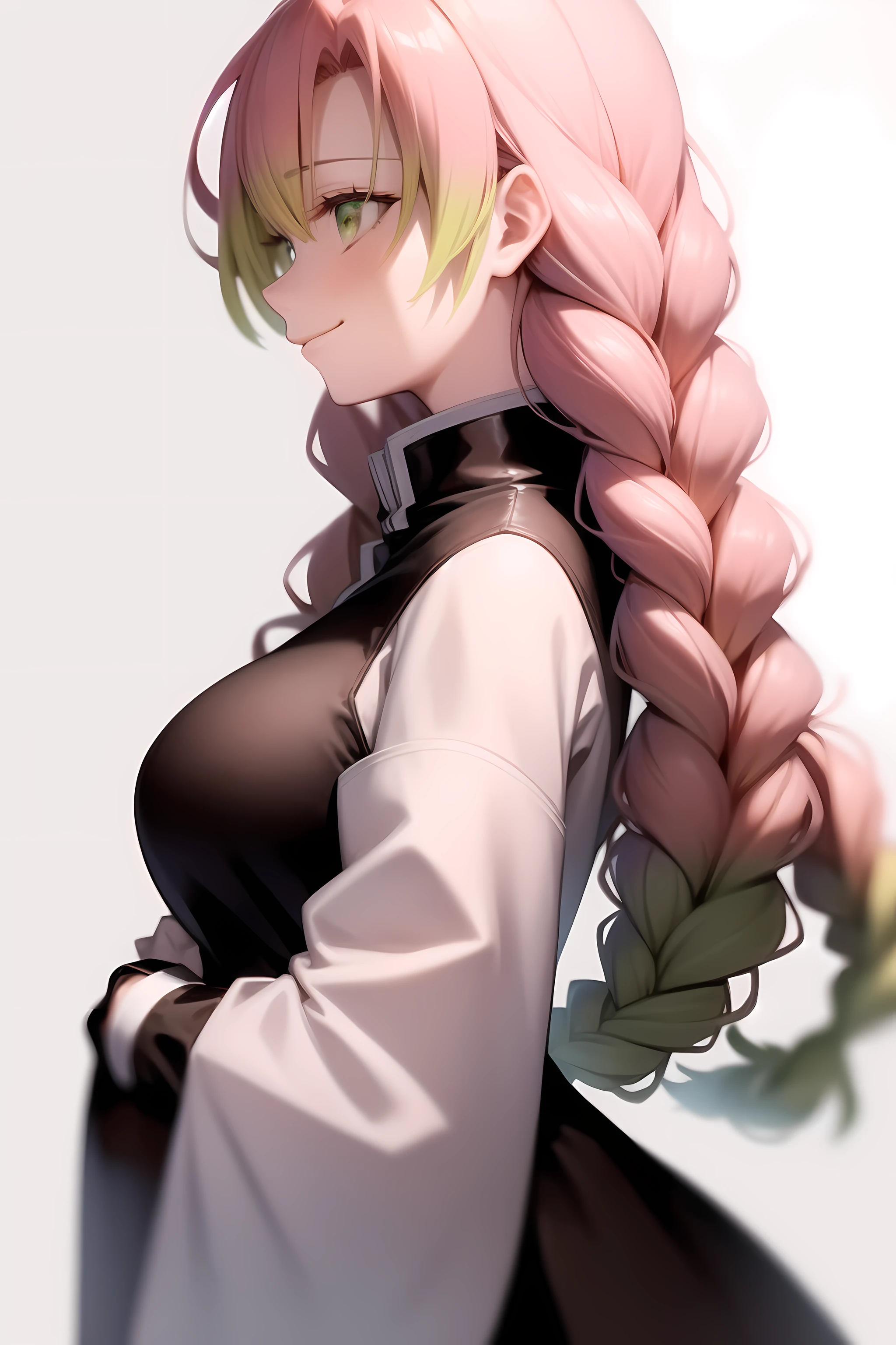 beautiful, (best quality, masterpiece, super detailed: 1.5), perfect lighting, shiny, hires, nature, cobblestone, steam, blue sky, in the distance, whole body, face focus, 1girl, Mitsuri (demon slayer), beautiful girl, beautiful face ((Mitsuri (demon slayer))), a girl with long green-pink gradient hair and green eyes in a long-sleeved jacket with a neckline, white haori, a black skirt with a silver belt and green striped hips, pink hair, green hair, gradient hair, multicolored hair, long hair, bangs, double braids, green eyes, demon slayer uniform, long sleeve jacket, white haori, black skirt, silver belt, green striped thighs, blush, sweat, realistic, chest, wide hips, (thick barbells: 0.9), décolleté, standing, hands behind your back, viewer look, erotica, (Back, behind, Shows ass: 1.3)