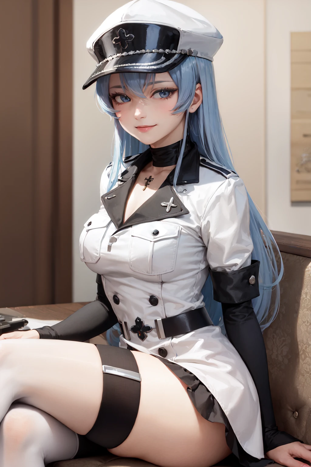 (masterpiece, best quality:1.2), <lora:agk_esdeath-10:0.8>, solo, 1girl, esdeath, smile, looking at viewer, sitting, crossed legs, white peaked cap, white military uniform, white thighhighs