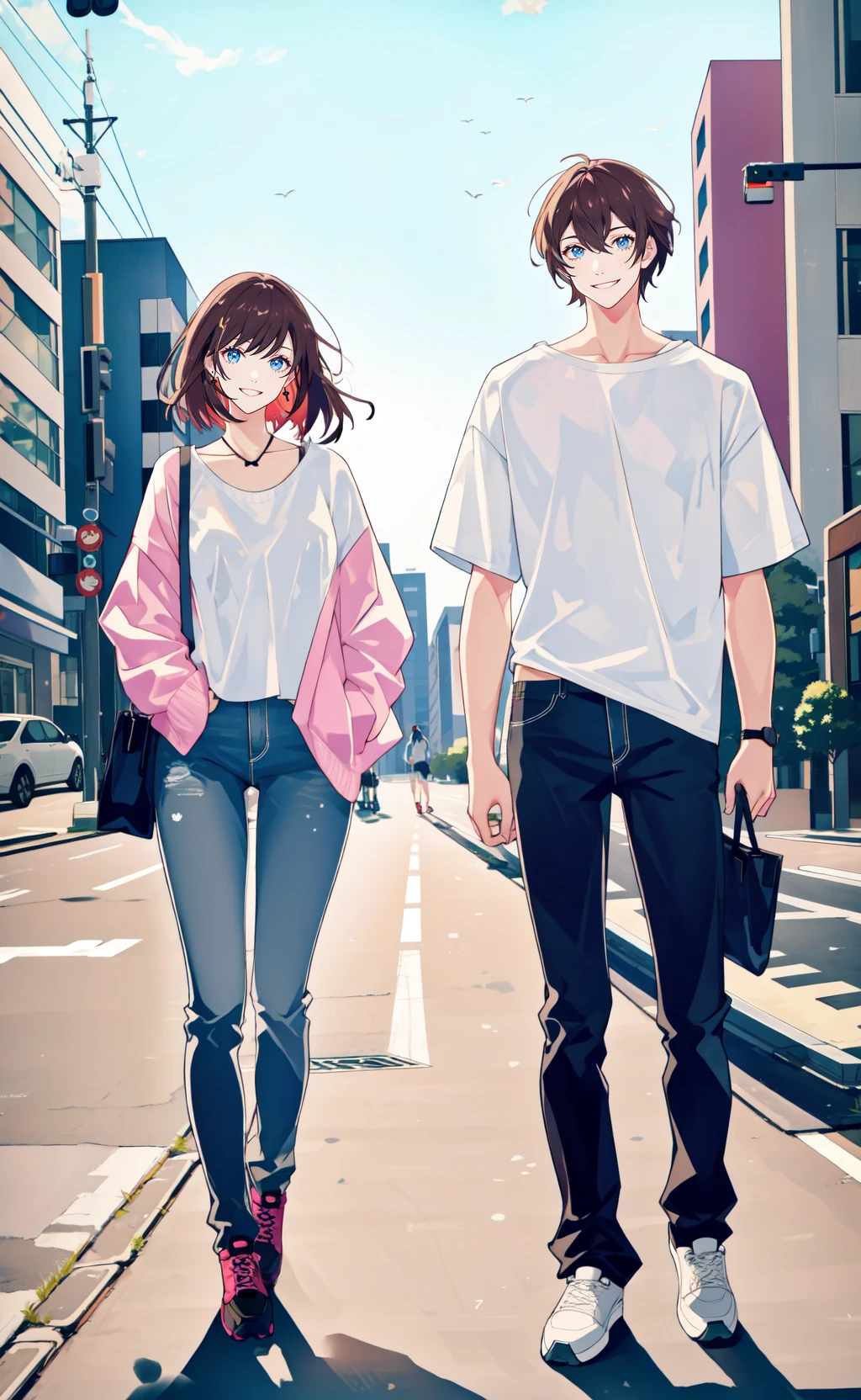 masterpiece, best quality, 2others, couple, 1man with 1woman, Height difference, happy, love, smile, casual clothes, oversized shirt, modern urban street