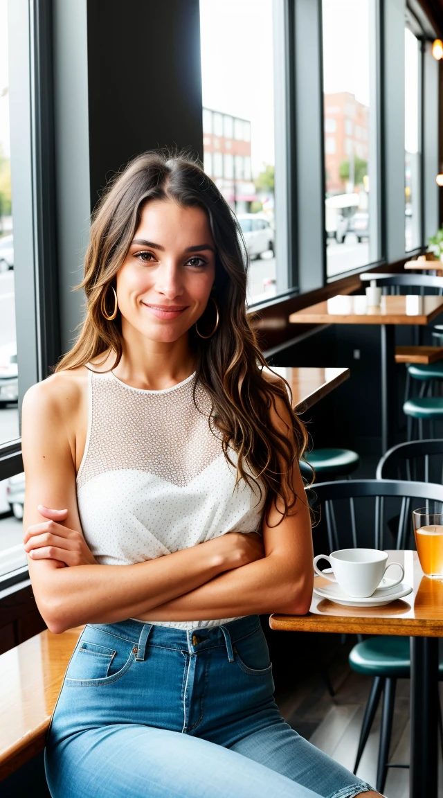 Icelandic woman (Drinking coffee in a modern cafe at sunset), very detailed, 24 years old, high resolution, Best quality, Intricate details, very detailed, Sharpness, detailed skin, Realistic Hauttextur, detailed eyes, professionnel, 4k, 85 millimeters, Light depth of field, Kodak Vision Couleur, corps parfaitement ajusté, Extremely detailed, Photo_\(ultra\), fotoRealistic, Realistic, post-traitement, Maximum details, roughness, vrai vie, ultraRealistic, Photorealismus, Photografie, 8K UHD, Photografie, tight white top, pale skin