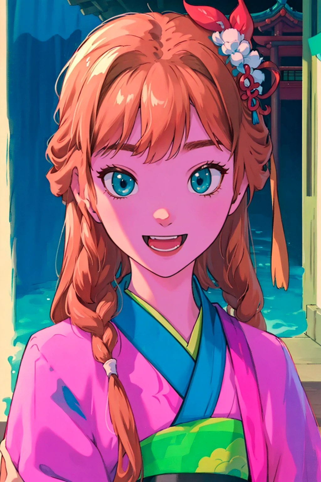 (masterpiece:1.4), (best quality:1.4), (high resolution:1.4),
1girl, solo, portrait, anna, kimono, east asian architecture,
embarrassed, happy, :D,
<lora:FrozenAnna_v1:1>