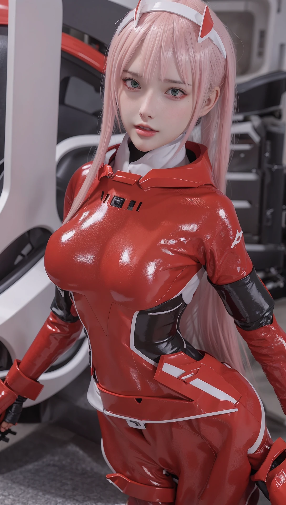 (masterpiece, best quality:1.4), (near a lake), (full body shot), (from back:1.2), 1girl, solo, zerotwo, hairband, horns,red horns, bodysuit, breasts, green eyes, horns, long hair, looking at viewer, pink hair, (red bodysuit:1.2), (bodysuit covering, hips, legs and arms:1.5), highly detailed face, highly detailed skin, skin pores, subsurface scattering, realistic pupils, medium breast, full face blush, full lips, detailed background, depth of field, volumetric lighting, sharp focus, absurdres, realistic proportions, good anatomy, (realistic, hyperrealistic:1.4), 16k hdr,