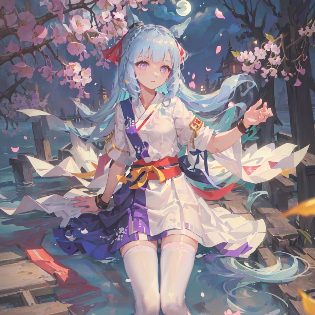 tmasterpiece,A beautiful anime girl,white-haired god,best anime 4k Konachang wallpapers,Anime style 4k,Anime art wallpaper 4k,Guviz,a beautiful anime portrait,4k anime wallpapers。light particules,Genshin painting style,Kamiasto ayaka,lightblue hair,the cherry trees,sunny clear sky,smooth thigh,Be red in the face,Super delicate aqua blue eyes,Japanese high school uniforms for female high school students