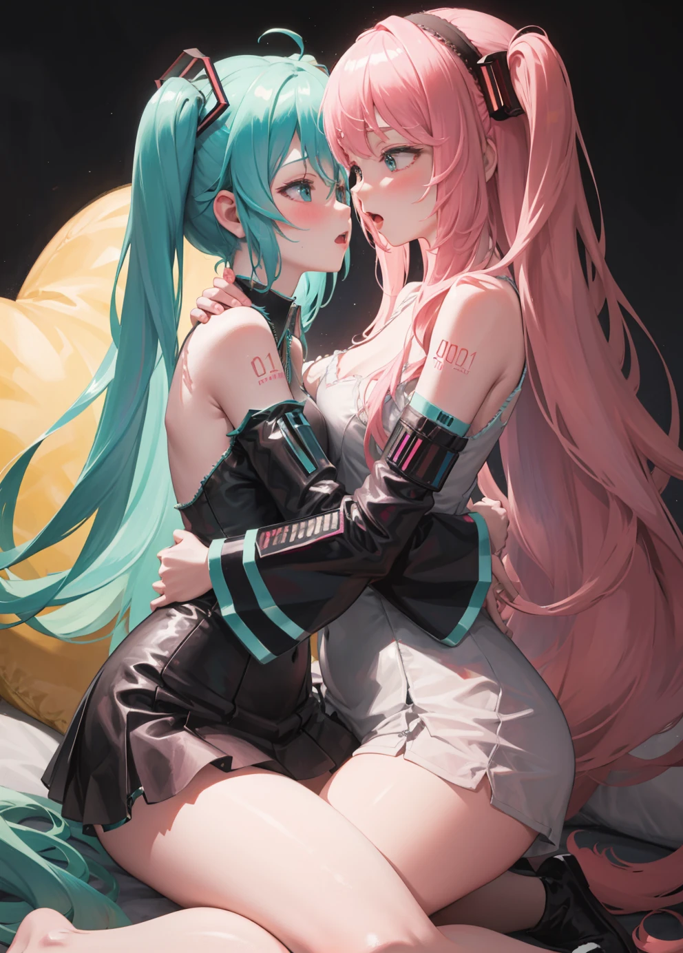 upright straddle, 2girls,hug,masterpiece,hatsune miku,megurine luka,