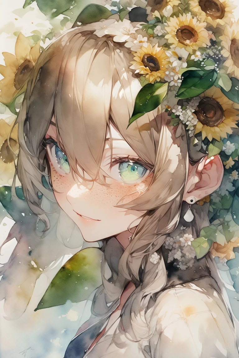 (watercolor:1.2),1girl, solo, flower, sunflower,freckles, portrait, leaf, bangs, signature, yellow flower, brown hair, long hair, green eyes, hair between eyes, flower earrings