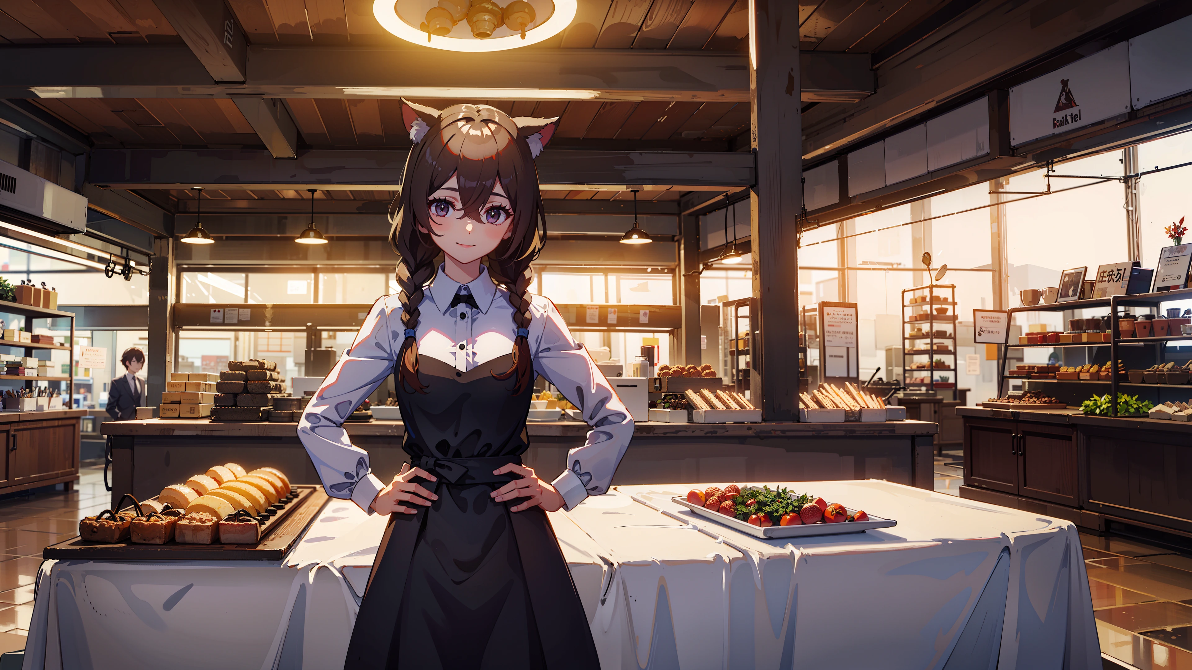 masterpiece, best quality, hands on hips,
1girl, animal ears, smile, bangs, black dress, braid, brown hair, cowboy shot, dress, hair between eyes, long hair, long sleeves, looking at viewer, shirt, solo, twin braids, white shirt,
indoors, foods,
