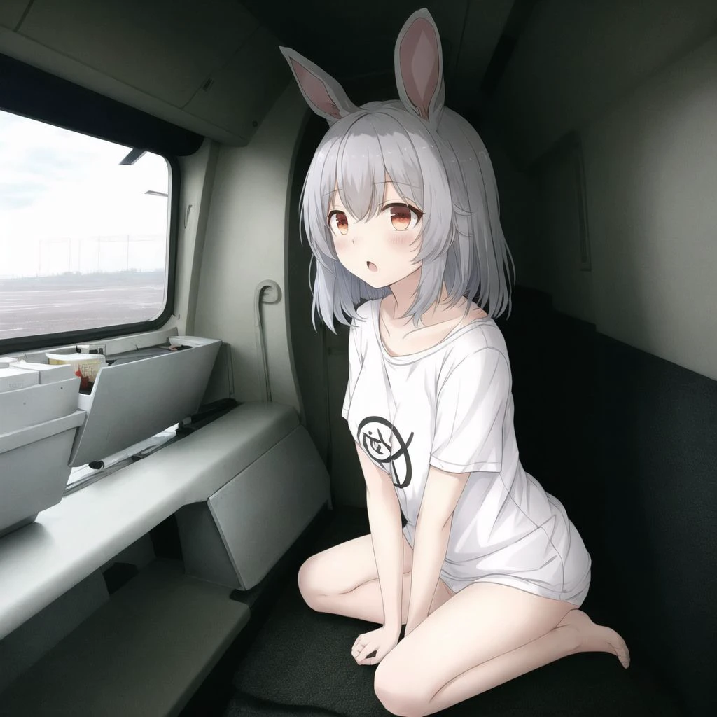 <lora:anime_irl:1>, anime_irl, a factory with a lot of smoke and lights at night time with a plane flying overhead in the sky, 1girl, :o, animal ears, arms at sides, bare legs, blush, from side, full body, head down, hidden eyes, lens flare, long hair, no pants, open mouth, profile, rabbit ears, shirt, short sleeves, silver hair, simple background, sitting, solo, thighs, white background, white shirt, yokozuwari