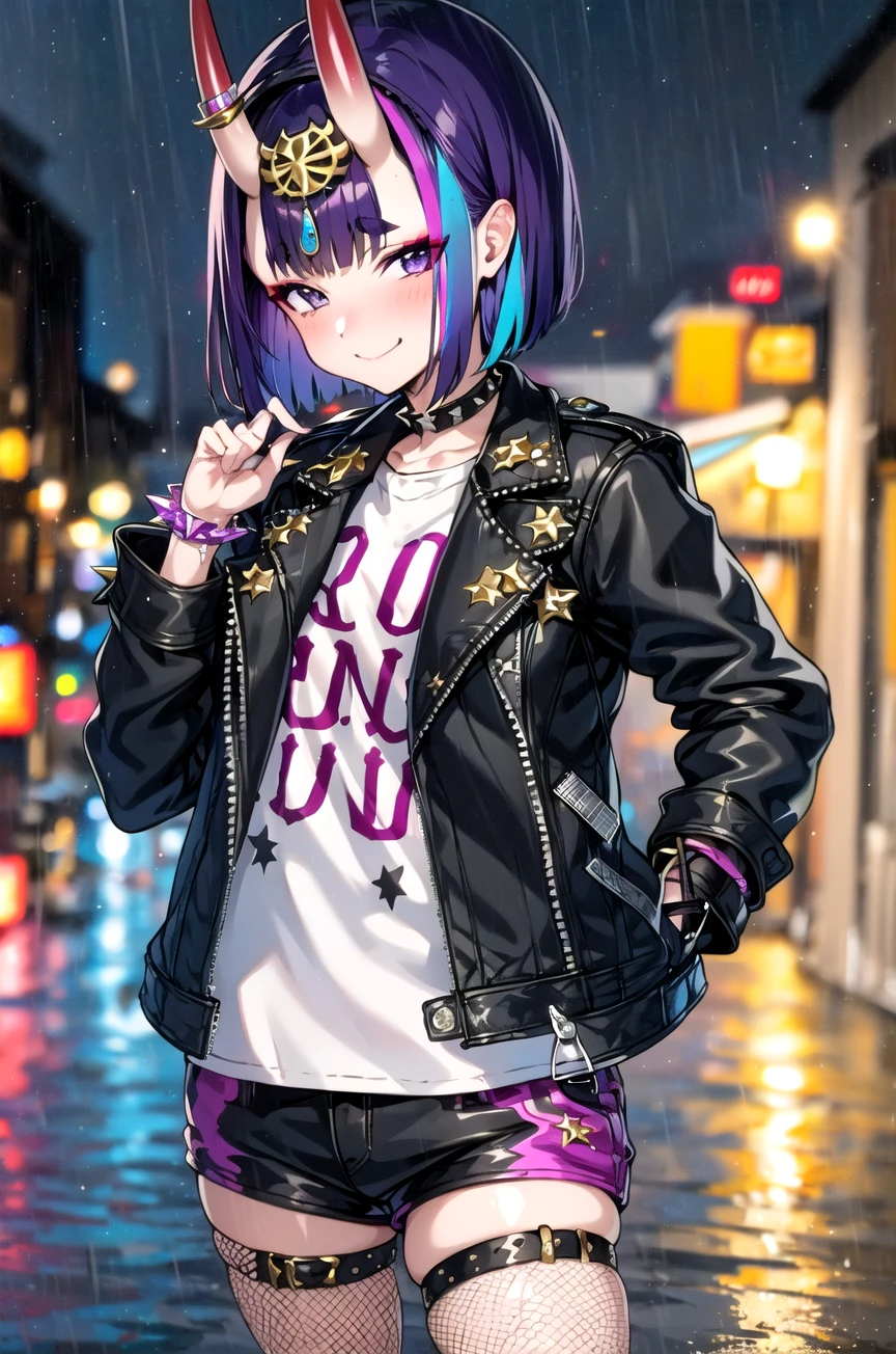 (masterpiece,best quality, detailed), 1girl, solo, outdoors, night, rain, alley, smile, closed mouth, glowing eyes,
shuten douji, open jacket, clothes writing, bracelet, collar, wristband, leather jacket, print shirt, fishnet pantyhose, thigh strap, eyewear on head, multicolored hair, black shorts, headpiece, spiked bracelet,
<lora:ShutenDoujiV09-000024:1>