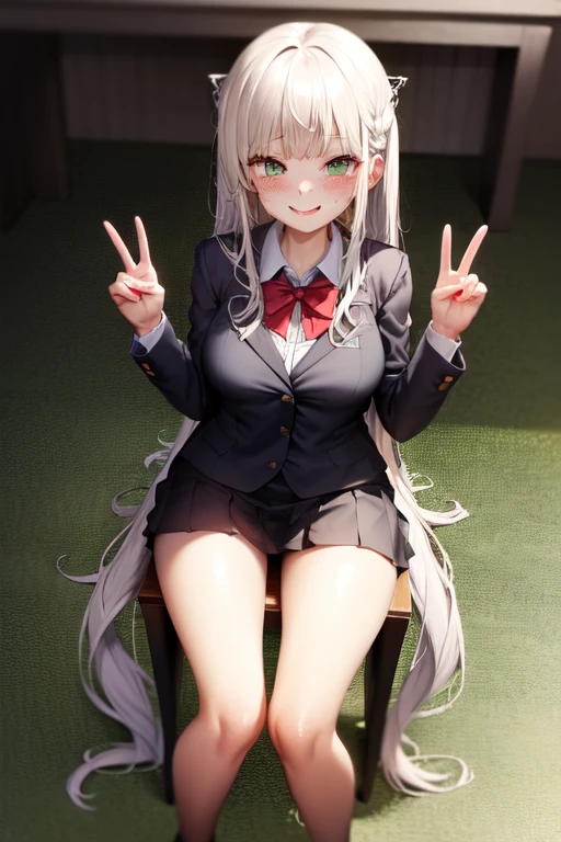 1girl, double v, smile, breasts, school uniform, absurdly long hair, platinum blonde hair, straight hair, freckles, green eyes,
sitting, on chair, from below,
<lora:concept-double_v-v1:0.7>