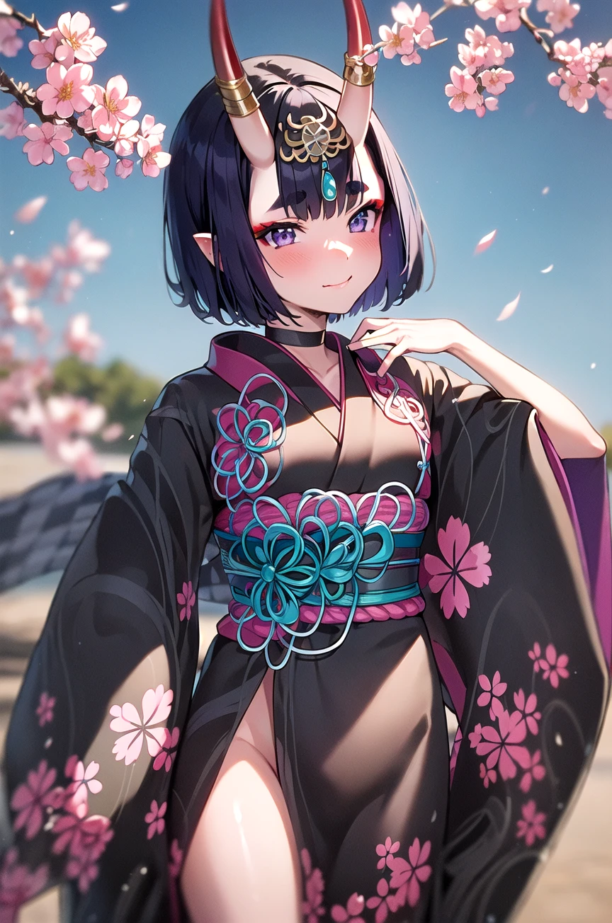 (masterpiece,best quality, detailed), 1girl, solo, outdoors, day, cherry blossoms, smile, closed mouth, day, cowboy shot,
shuten douji, black kimono, floral print, choker, headpiece, (black scarf), obi, (horn ornament), looking up, arm up,
 <lora:ShutenDoujiV09-000024:1>