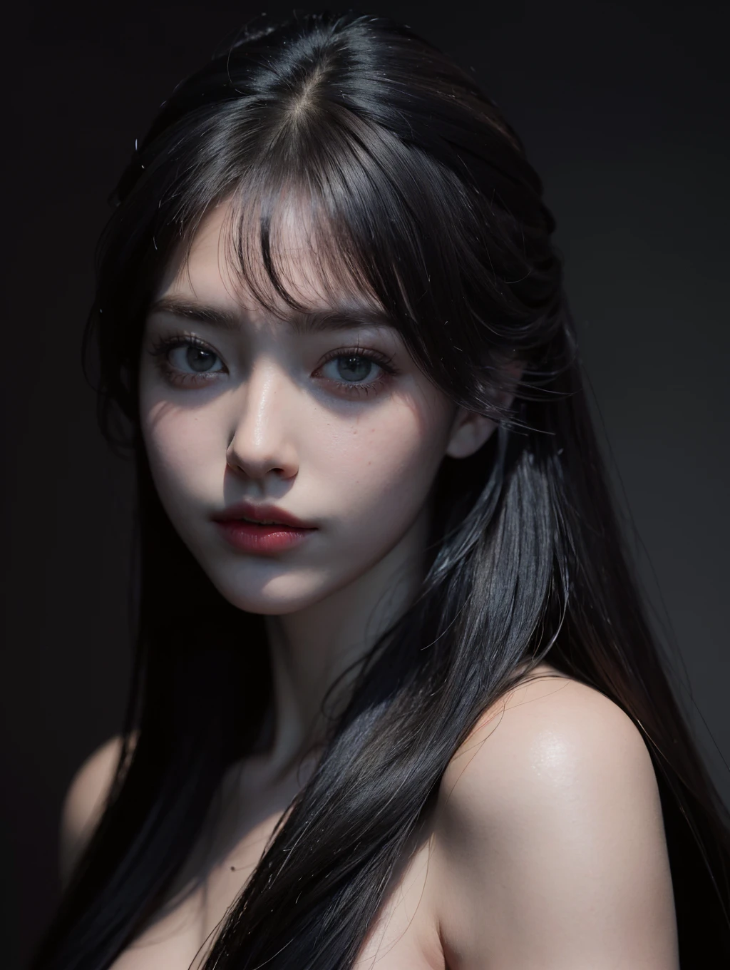 (Ultra Realistic), (Illustration), (Increased Resolution), (8K), (Extremely Detailed), (Best Illustration), (Beautiful and Detailed Eyes), (Best Quality), (Ultra Detailed), (Masterpiece ), ( wallpaper), (detailed face), solo, 1 girl, age 25,mature,looking at viewer, fine details, detailed face, in the dark, deep shadows, low key, pureerosfaceace_v1, smiling, long hair, black and white shawl straight hair , 46 points oblique bangs, masterpiece, best quality, 35mm, 8k, absurdres, beautiful girl, (upper body, dark grey background:1.4), (black classical dress, black hair:1.6), slender, dark studio, rim lighting, ultra realistic, highres, photography, film grain, chromatic aberration, depth of field, sharp focus, HDR, facelight, dynamic lighting, cinematic lighting, professional shadow, dark shadow, highest detailed, extreme detailed, ultra detailed, finely detail, real skin, delicate facial features, detailed face and eyes, sharp pupils, realistic pupils, long black hair with bangs, black hair top, white hair undercolor, Split Hair Two Tone , Split Hair Two Tone black and white color hair,black hair, white hair, mix hair color,green eyes, white hair emerald eyes. white hair, platinum hair color.