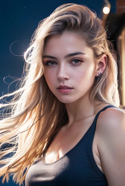 (8k, RAW photo, professional, best quality, masterpiece:1.2), (realistic,photorealistic:1.37), ultra-detailed, (portrait), (highest detailed skin:1.2), (highest detailed face:1.2), 1girl, (windy:1.2), standing in the dark alley, (((night time))), neon silver light, look at the camera, white tank top, jacket