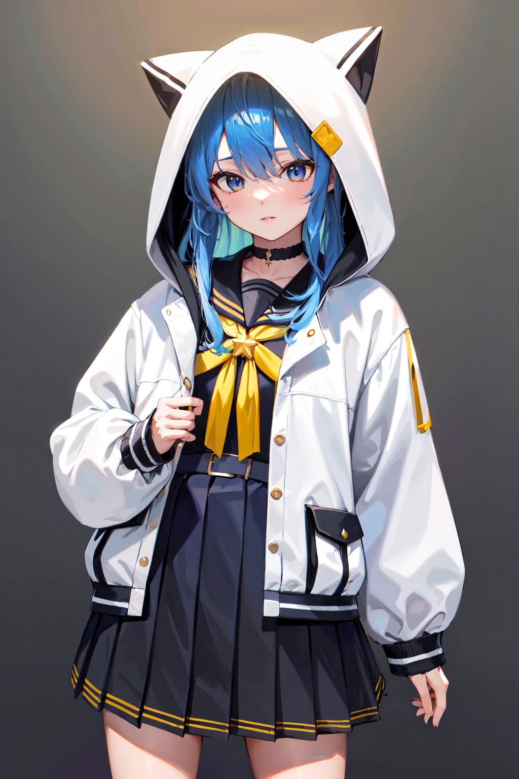 masterpiece, best quality, highres, sui3, hood up, hoshimachi suisei, solo, white jacket, animal hood, white socks, open jacket, pleated skirt, black skirt, black sailor collar, black choker, school uniform, black shirt, puffy long sleeves, <lora:hoshimachi_suisei_v1:0.7>, standing, cowboy shot,