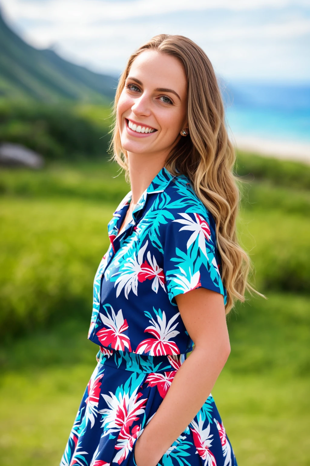 pretty brazilian brown girl, wearing a (hawaiian shirt:1.2), 1girl, brown girl, detailed summer beach background, blue sky, happy smile, medium shot looking at viewer, highly detailed skin, skin pores, subsurface scattering, absurdres, perfect anatomy, realistic proportions, perfect lighting, sharp focus, 85mm lens, side lighting, vibrant, film still, photographed by Canan EOS R6, 135mm, 1/1250s, f/2.8, ISO 400, petite, skirt lift