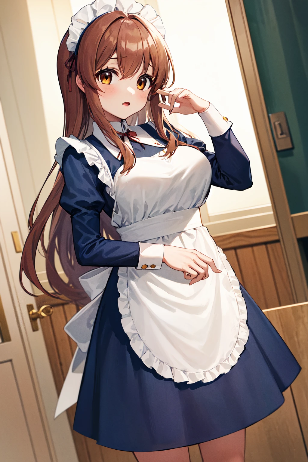 masterpiece, best quality, highres, mikuru1, 1girl, asahina mikuru, long hair, solo, maid, long sleeves, puffy sleeves, blue dress, juliet sleeves, white apron, dress, maid apron, frilled apron, mary janes, bangs, large breasts, <lora:asahina_mikuru_v1:0.7>, cowboy shot, standing,