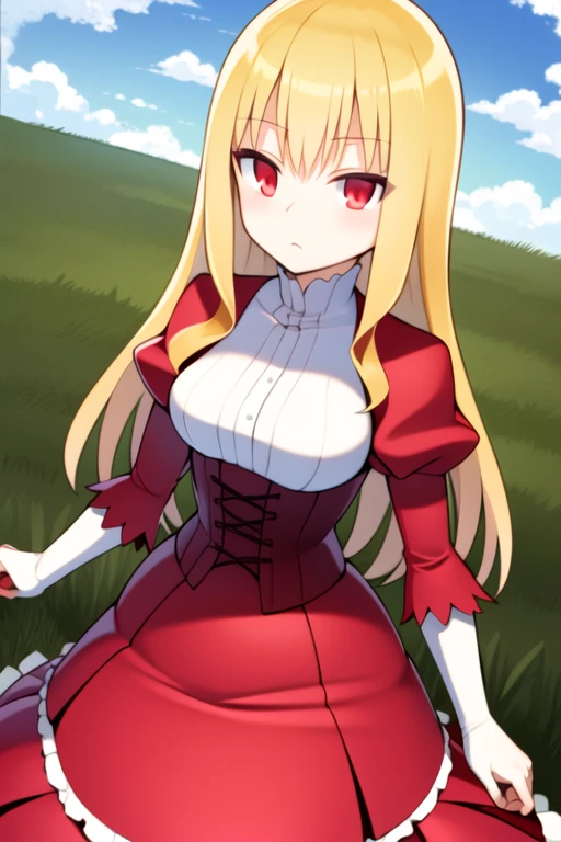 masterpiece, best quality, <lora:Claudia_Local_3_04:1>, Anime portrait of Claudia, standing, blond hair, red eyes, red dress, red puffy sleeves, red long sleeves, white shirt, white long skirt, blue sky, grass,brown leather corset,closed mouth, expressionless