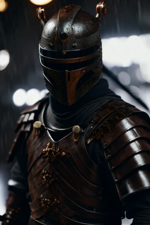a close up of a knight in armor, rainy night, 8k cinematic, octane, character is standing, ronin, ultrarealistic