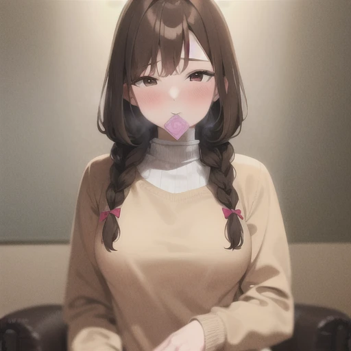 masterpiece, best quality, 1girl, brown hair, braids, sweater, condom wrapper, condom in mouth, warm lighting, <lora:qqq-condom_in_mouth_v2:0.8>