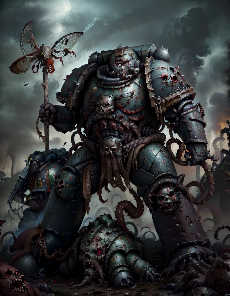 <lora:Body_Astartes:1>, (astartes, power armor, warhammer 40k, pauldron, helmet, Death Guard, Nurgle), Chaos, <lora:Model_TentacleHorrorAI:0.6>, disease, disgusting, miasma, guts hanging out, rotten flesh, living dead, rot, rust, insects, flies, worms, stench, infection, puss, blood, extreme long-shot, wide-angle
