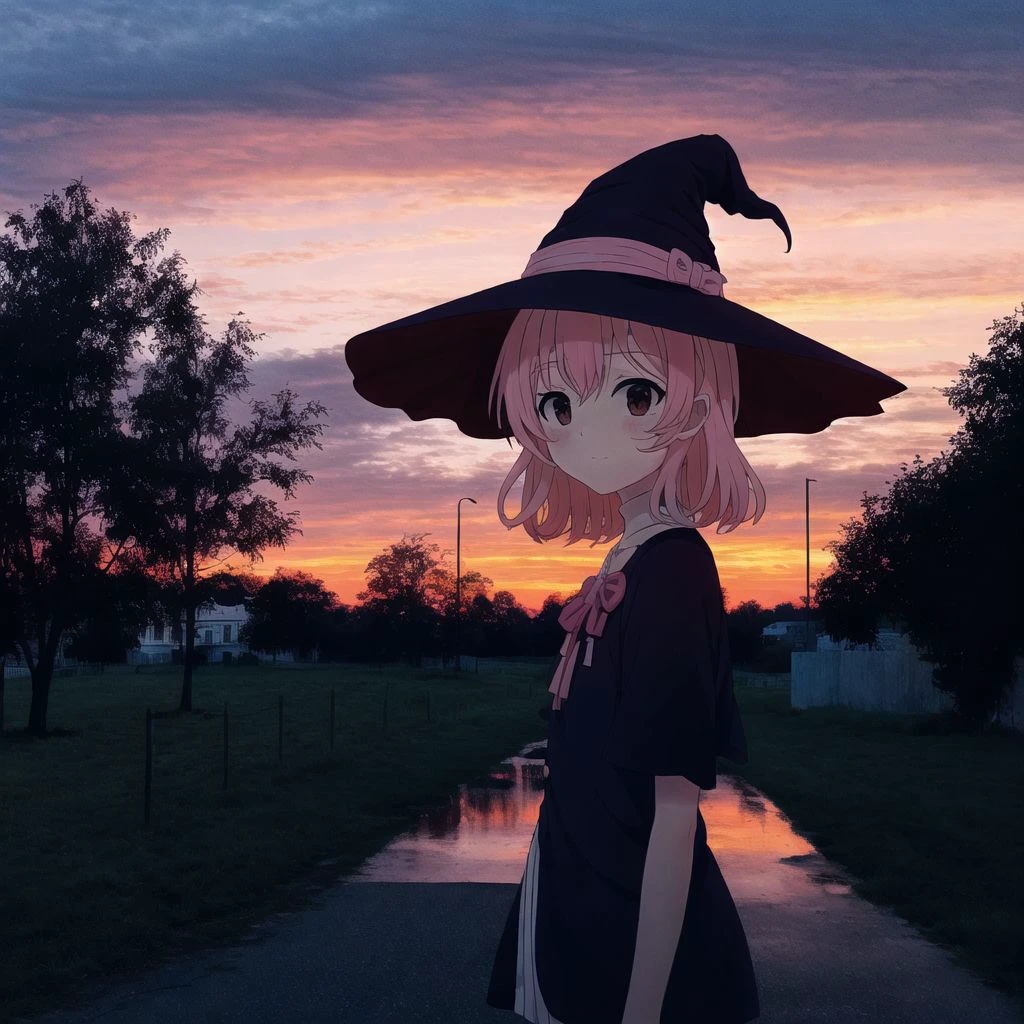 <lora:anime_irl:1>, anime_irl, a white fence and a white house and trees at sunset with a pink sky in the background and clouds in the distance, comic, gap, hat, highres, mini-hakkero, monochrome, witch hat