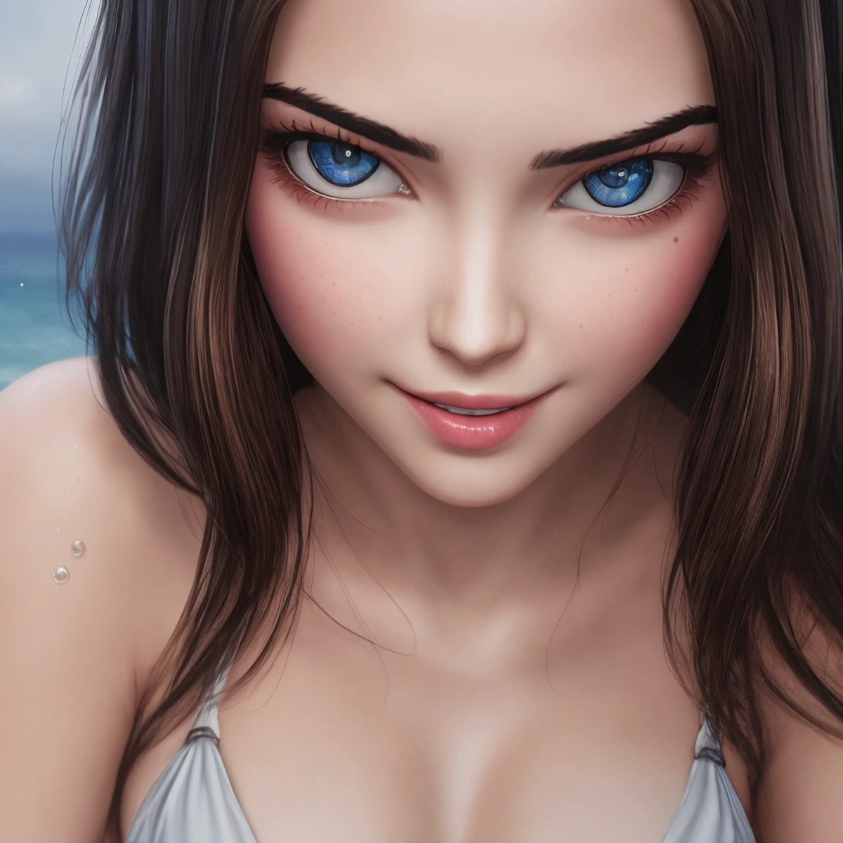 4k, high quality, realistic, extremely detailed, simple background, latina 1girl, 18 years, (), pretty beautiful, cute and adorable, black hair, ((miel skin tan)), (realistic face portrait), chubby, muscular face, big blue eyes, big luscious pink lips, sexy attire, boy haircut, topless, very small boobs, pastel colors, front body, clean skin, sensual, provocative, attractive, round face,