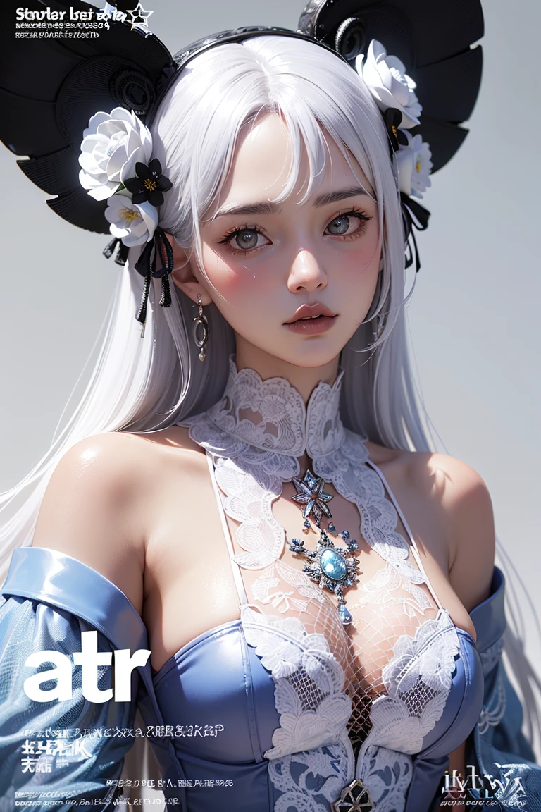 RAW, (masterpiece, best quality, photorealistic, absurdres, 8k:1.2), best lighting, complex pupils, detailed background, day, hospital,
1girl, solo, upper body, (close up, face focus:1.2), looking up, cowboy shot, standing, curious, shiny skin, eyeliner, gothic eyeshadow, blush, flower, very long hair, curly hair, white hair, highly detailed skin,
fishnet bodysuit, hair tubes, chocker, see-through, (magazine cover, FashionMagCover, japanese text, username, watermark, user name, artist name, signature:1.1),
<lora:LoRA-FashionMagCover-000008:0.9>