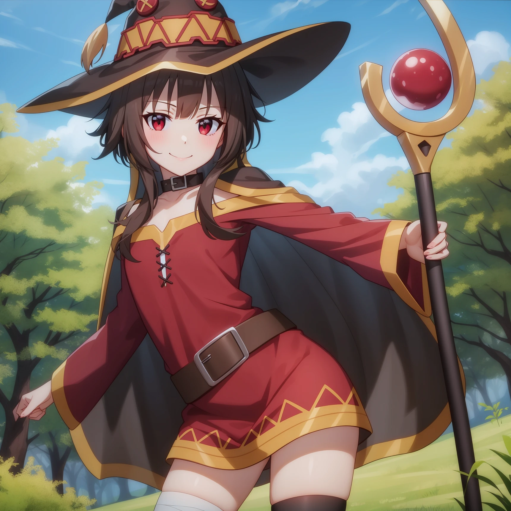 <lora:Megumin:1>,
anime screencap, forest,nature,dirt path,blue sky,
1girl, solo, red eyes, bandaged leg, single thighhigh, red dress, belt, bare shoulders, brown hair, short hair with long locks,collar, closed mouth, collarbone, choker, standing, asymmetrical legwear, cowboy shot, long sleeves, mismatched legwear,standing,smile,looking at viewer, cape, witch hat, holding staff, staff,