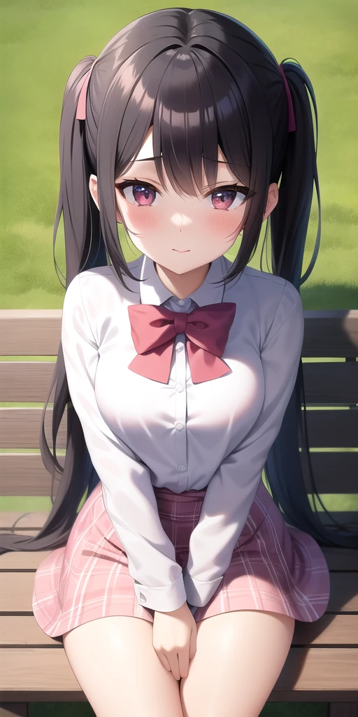 masterpiece, 4k, high quality, highly detailed, detailed face, HDR, vivid colors, epic lighting, awesome background, detail-ful background, park with river, sitting on park-bench, girl, 1girl, solo, (soft body), medium breasts, dark-black hair, long hair, long twin tails, pink school uniform, blushed, shy, from above