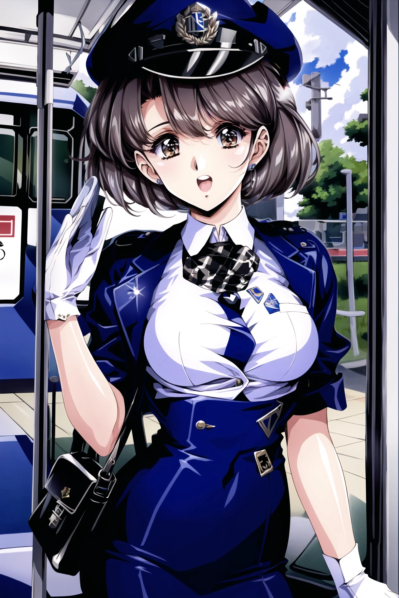 (masterpiece), ((best quality)), highres, original, extremely detailed wallpaper, official art, amazing, illustration, high detail, extremely detailed 8k wallpaper, ultra-detailed,
1girl, police, police_uniform, breasts, solo, uniform, brown_hair, hat, policewoman, open_clothes, open_mouth, navel, brown_eyes, short_hair, police_hat, medium_breasts, shirt, jacket, gloves, bag

( in tram:1.4)
<lora:Retro_ANIME_V1:1>
<lora:-hiqcgbody-hipoly3DModelLora_v10:0.3>hiqcgbody