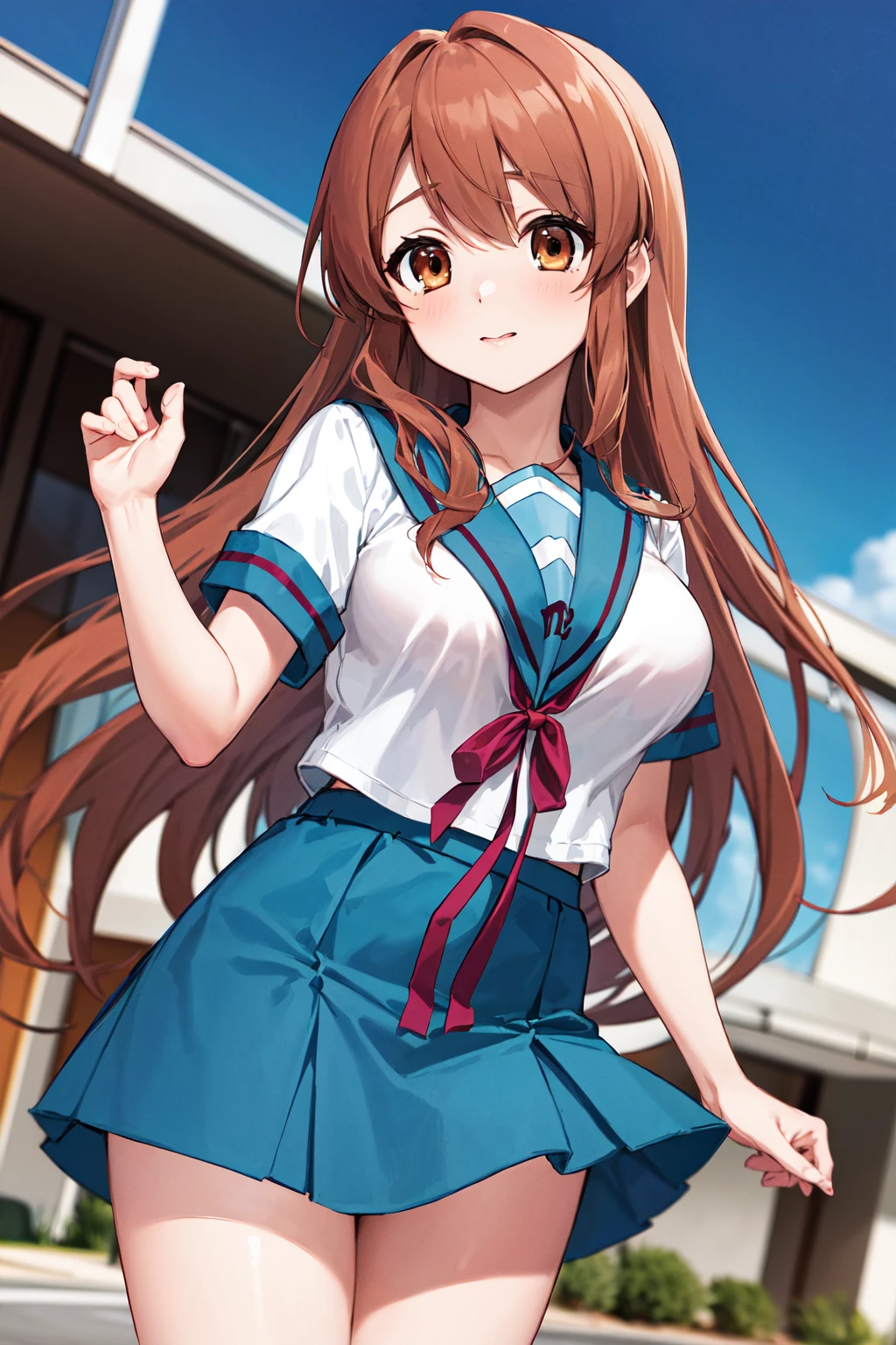 masterpiece, best quality, highres, mikuru1, 1girl, asahina mikuru, long hair, kita high school uniform, solo, blue sailor collar, sailor collar, serafuku, blue skirt, skirt, short sleeves, red ribbon, large breasts, <lora:asahina_mikuru_v1:0.7>