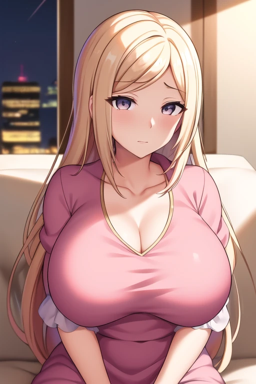 blonde Hachimiya Meguru with twintails, a very detailed face, blue eyes, very large breasts, erect nipples visible through fabric, a slim waist, slim hips, pink tight t-shirtdress, a pink star necklace, long chain earrings, sitting in a living room with a sofa and a table