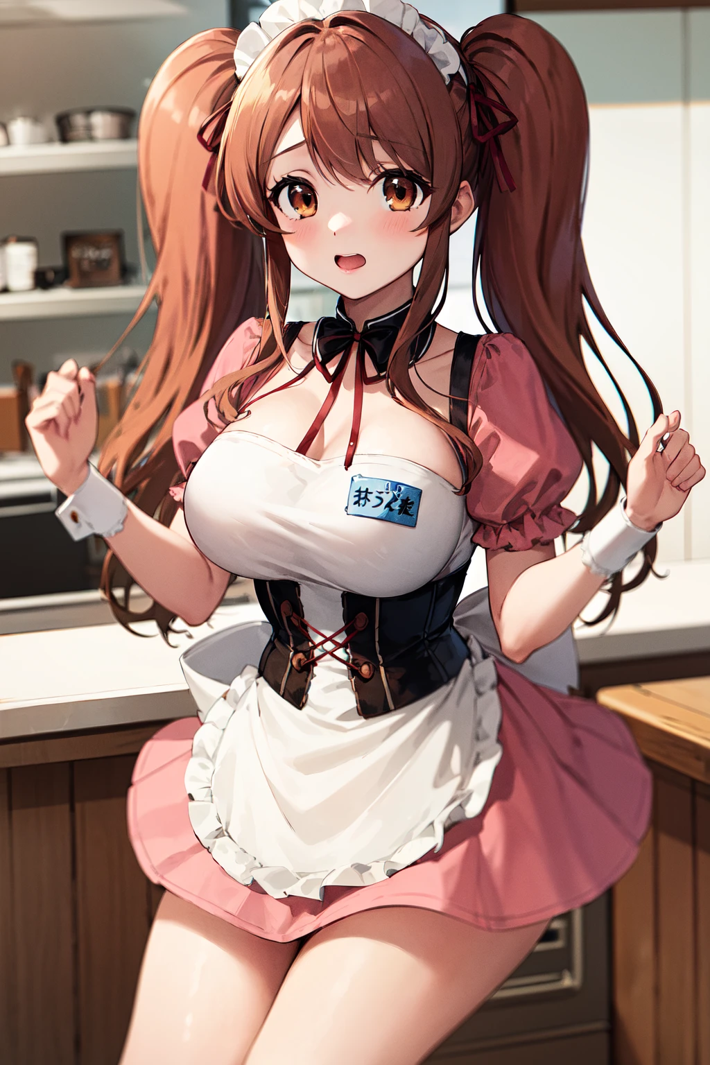 masterpiece, best quality, highres, mikuru1, 1girl, asahina mikuru, twintails, solo, large breasts, apron, puffy short sleeves, (name tag:0.8), long hair, corset, waitress, white apron, wrist cuffs, pink dress, frills, bangs, maid, ribbon, <lora:asahina_mikuru_v1:0.7>,