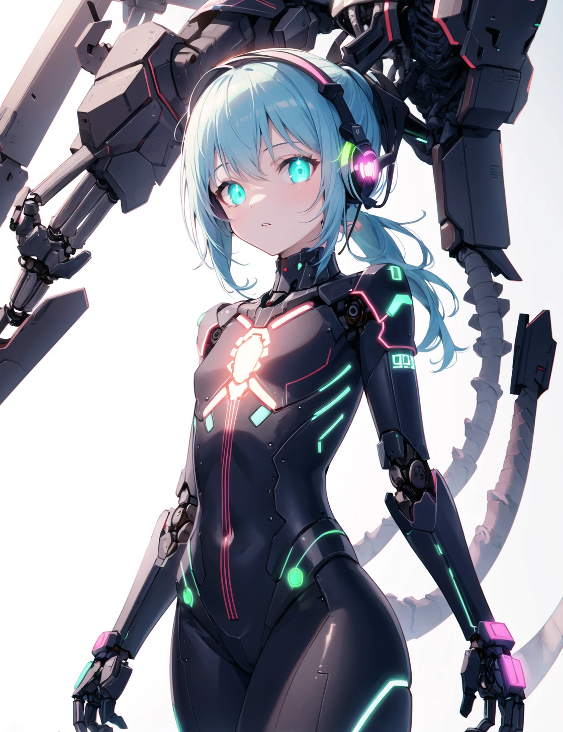(flat color), colorful,(masterpiece:1.2), best quality, masterpiece, highres, original, extremely detailed 8k cg wallpaper, looking at viewer,( white background), masterpiece, best quality, intricate mechanical bodysuit,((Luminous rib)),mecha corset,Headset,garter, glowing body, (exposed_bone, anatomy), [girl,neon lights],Luminous Spine,(skeleton,Spinal),transparency skin, robot joints,
cowboy shot,Single ponytail, masterpiece, best quality,