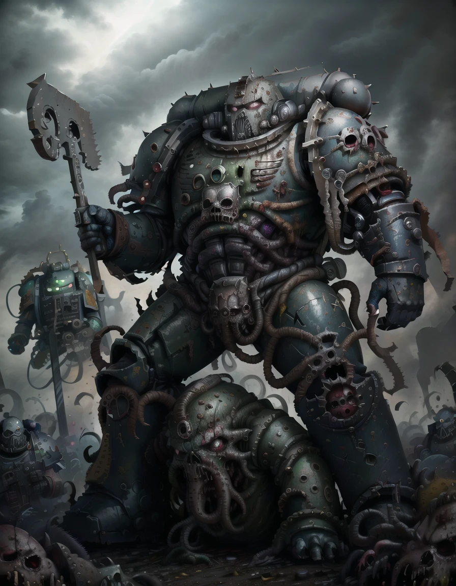 <lora:Body_Astartes:0.9>, astartes, power armor, warhammer 40k, pauldron, helmet, Death Guard, Nurgle, Chaos, <lora:Model_TentacleHorrorAI:0.7>, disease, disgusting, miasma, gas, guts hanging out, zombie, living dead, rot, rust