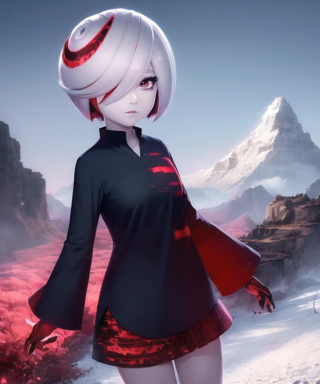 1girl, sageai, red eyes, short hair, hair over one eye, white hair, red hair, multicolored hair, shirt, short skirt, mountain, sky <lora:sageai-av3:1>
